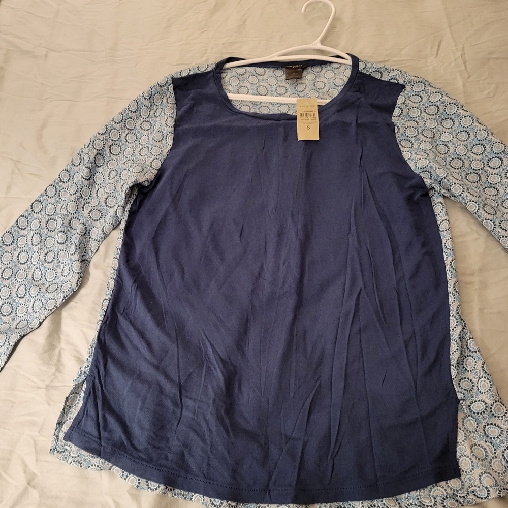 NWT Ann Taylor shirt, blue in front and printed in back (knit and woven) Small